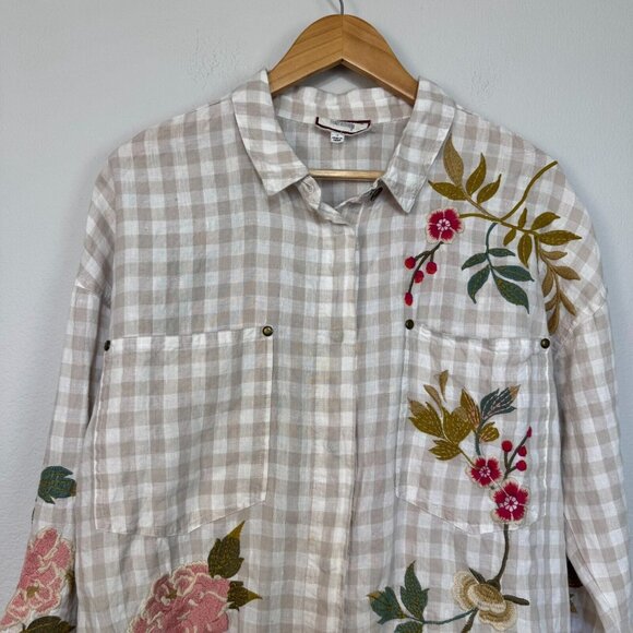 Johnny Was Workshop Adele Gingham Women's Overshirt Linen Embroidered Size Small - Picture 2 of 15